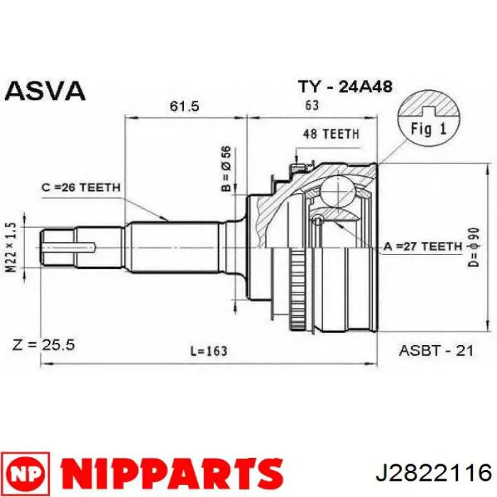 Do koszyka J2822116 Nipparts Przegub homokinetyczny przedni zewnętrzny