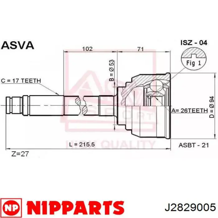 Do koszyka J2829005 Nipparts Przegub homokinetyczny przedni zewnętrzny