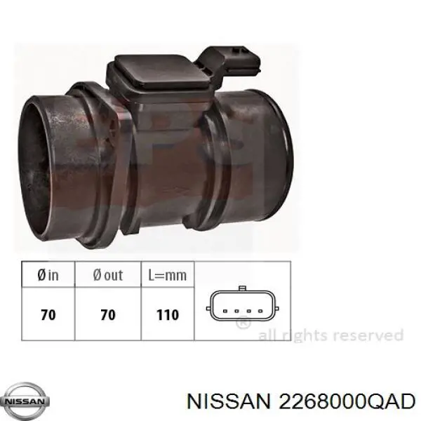 Do koszyka 2268000QAD Nissan/Infiniti Czujnik przepływu powietrza, przepływomierz powietrza M.A.F.