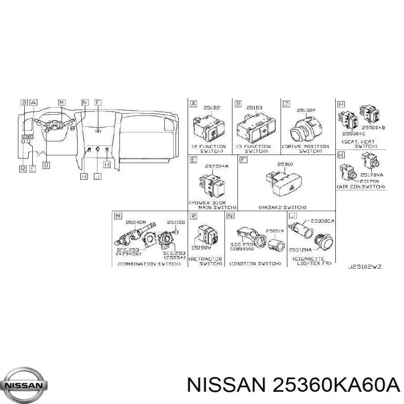 Czujnik zamykania drzwi (wyłącznik krańcowy) Nissan/Infiniti 25360KA60A cena, od 54,48 USD