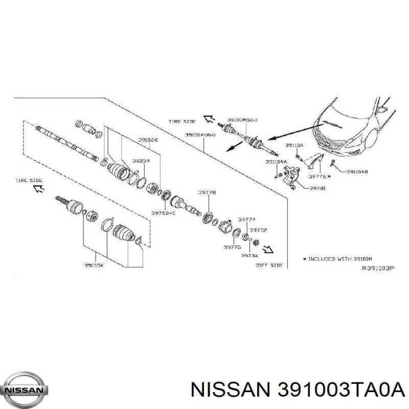 Do koszyka 391003TA0A Nissan/Infiniti Półoś napędowa przednia prawa