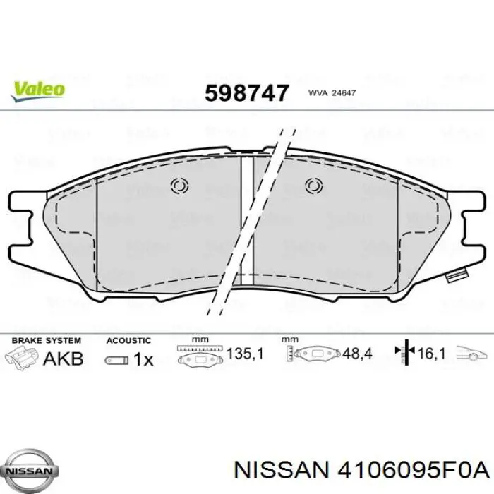 Do koszyka 4106095F0A Nissan/Infiniti Klocki hamulcowe przednie tarczowe