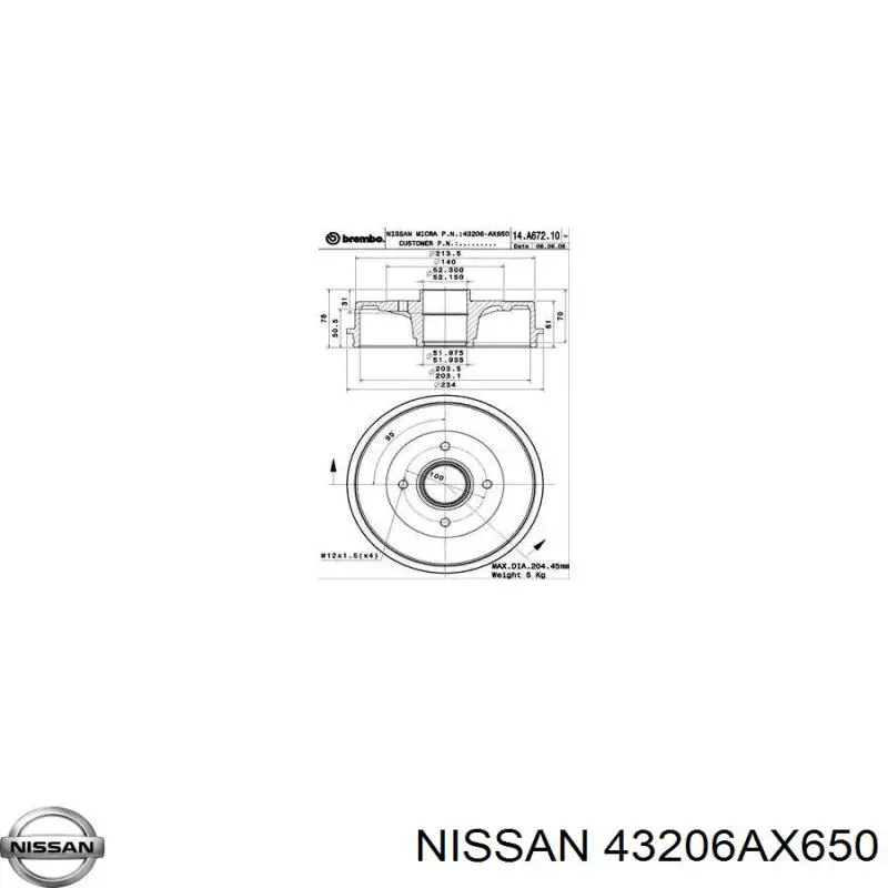 Do koszyka 43206AX650 Nissan/Infiniti Bęben hamulcowy tylny