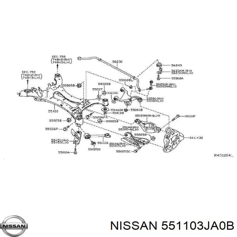 Do koszyka 551103JA0B Nissan/Infiniti Drążek podłużny zawieszenia tylnego