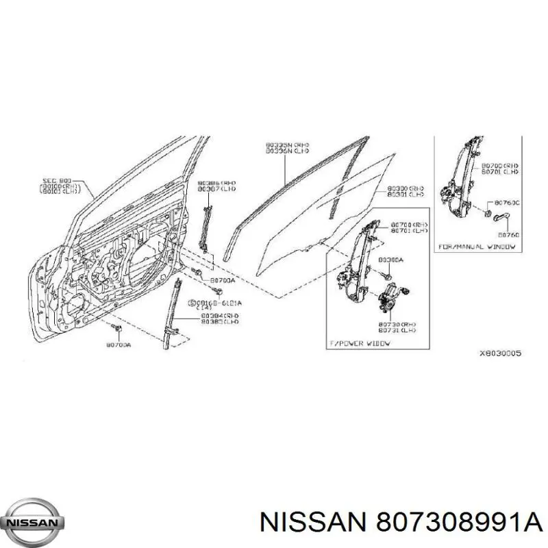 Silniczek podnnośnika szyby drzwi tylnych prawych Nissan/Infiniti 807308991A cena, od 88,53 USD