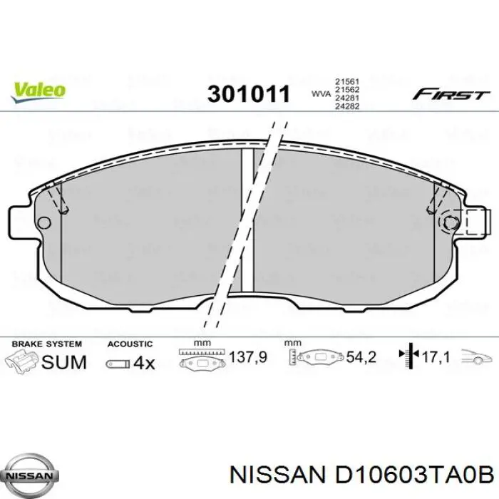 D10603TA0B Nissan/Infiniti Klocki hamulcowe przednie tarczowe