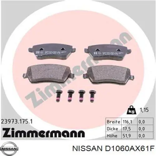 Do koszyka D1060AX61F Nissan/Infiniti Klocki hamulcowe przednie tarczowe