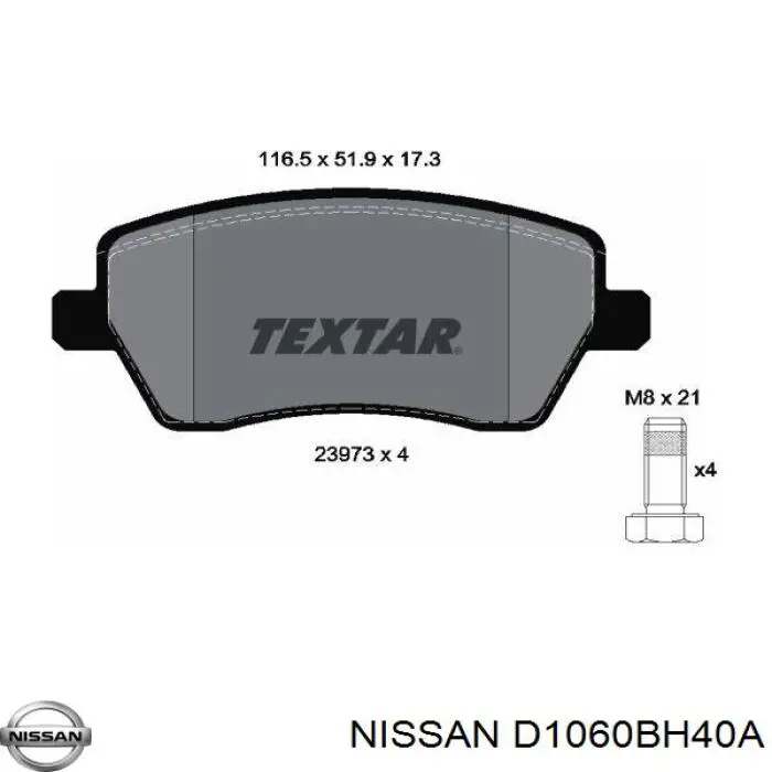 D1060BH40A Nissan/Infiniti Klocki hamulcowe przednie tarczowe