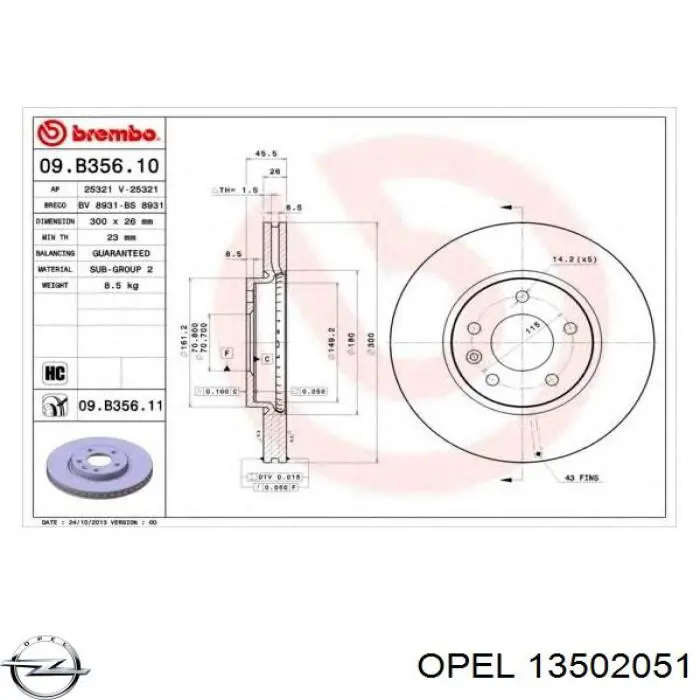 Tarcza hamulcowa przednia 13502051 Opel