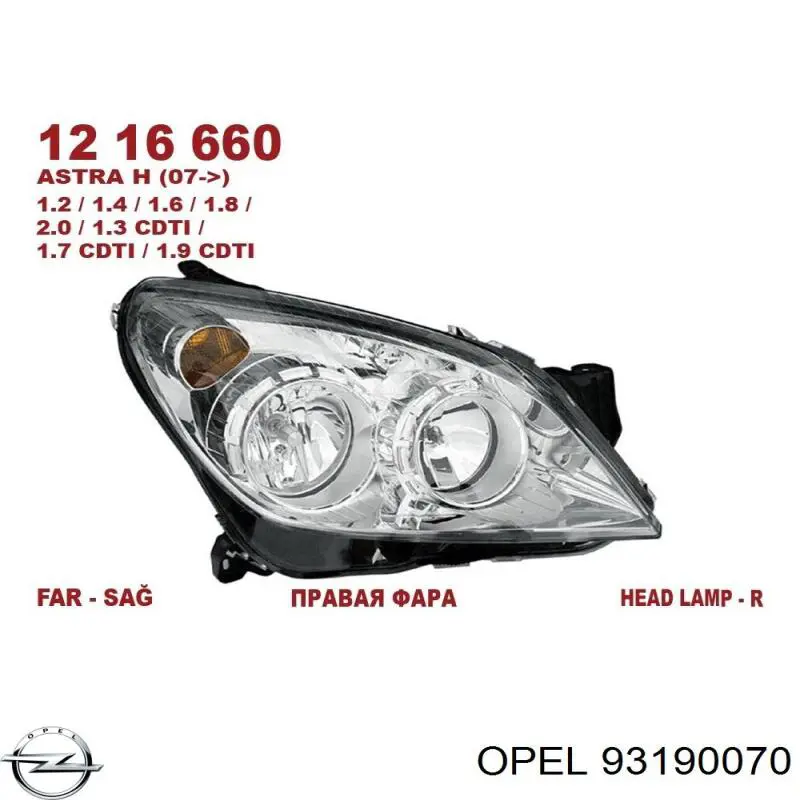 93190070 Opel Reflektor prawy
