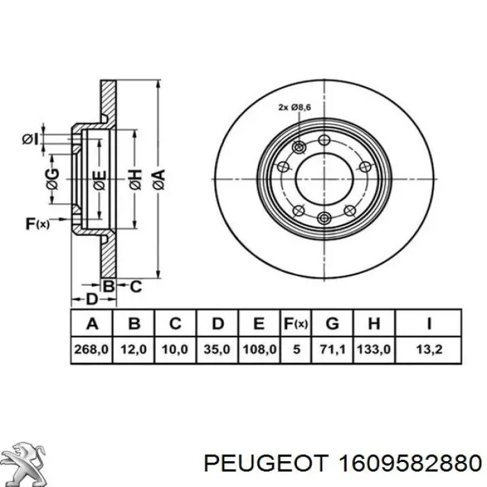 1609582880 Peugeot/Citroen Tarcza hamulcowa tylna