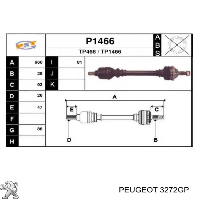 Do koszyka 3272GP Peugeot/Citroen Półoś napędowa przednia lewa