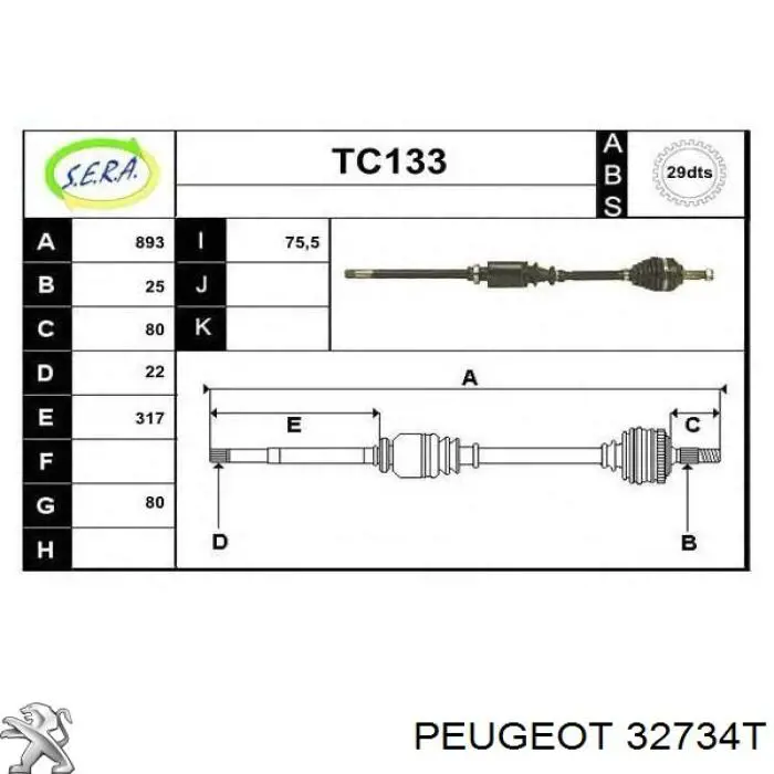 32734T Peugeot/Citroen Półoś napędowa przednia prawa