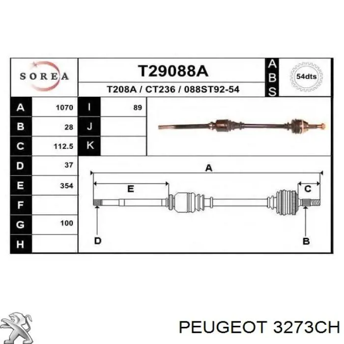 3273CH Peugeot/Citroen półoś napędowa przednia prawa