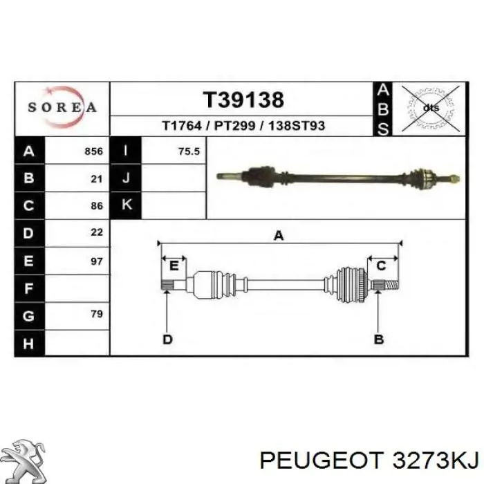 Do koszyka 3273KJ Peugeot/Citroen Półoś napędowa przednia prawa