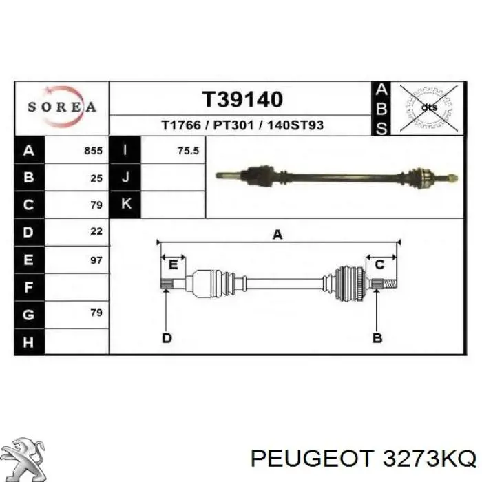 Półoś napędowa przednia prawa Peugeot/Citroen 3273KP cena, od 74,43 USD