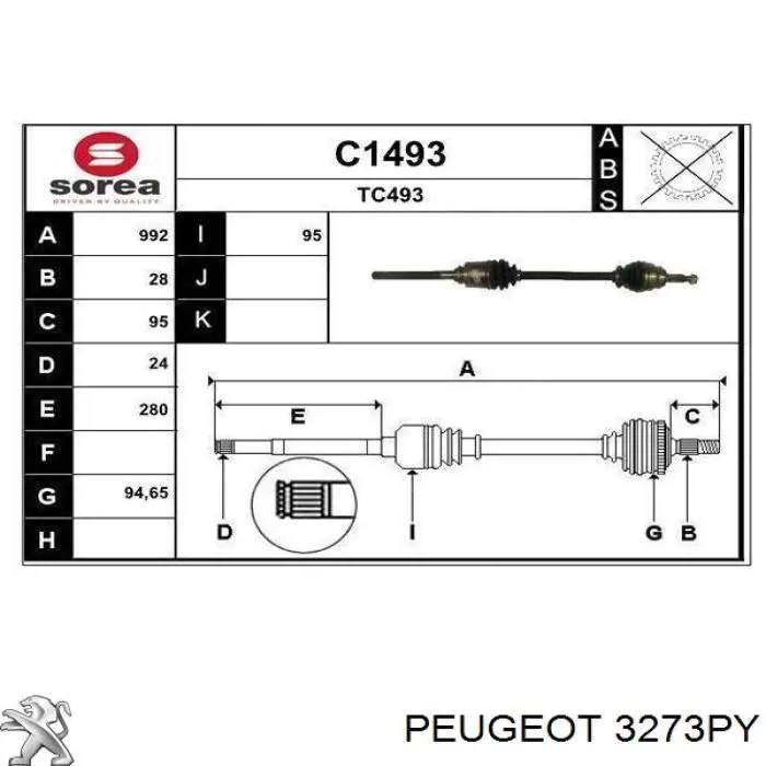 3273PY Peugeot/Citroen Półoś napędowa przednia prawa