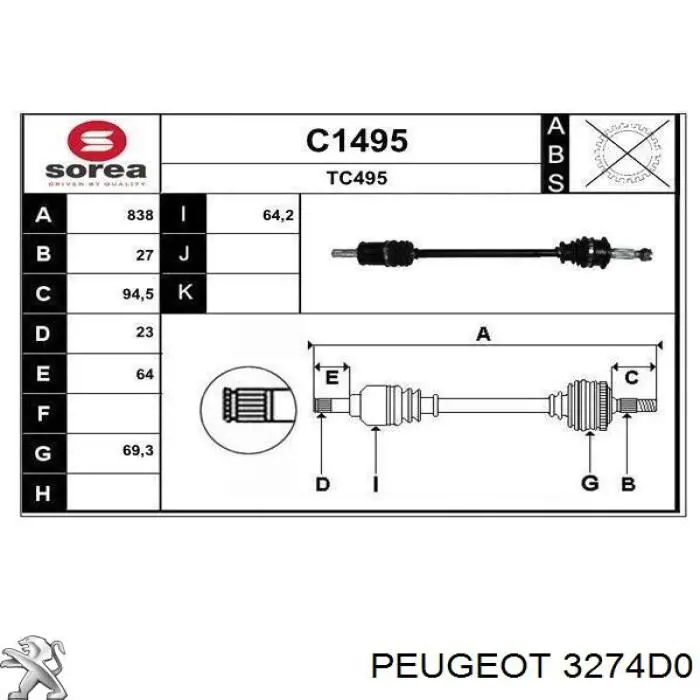 3274D0 Peugeot/Citroen Półoś tylna prawa