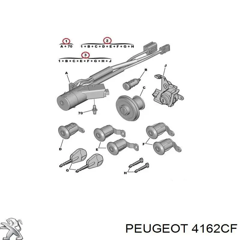 00004162CF Peugeot/Citroen zamek drzwi i zapłonu z kluczami, komplet