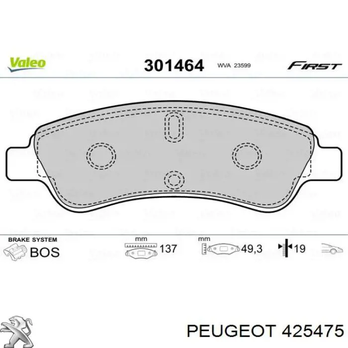 Klocki hamulcowe przednie tarczowe Peugeot/Citroen 425475 cena, od 79,11 USD