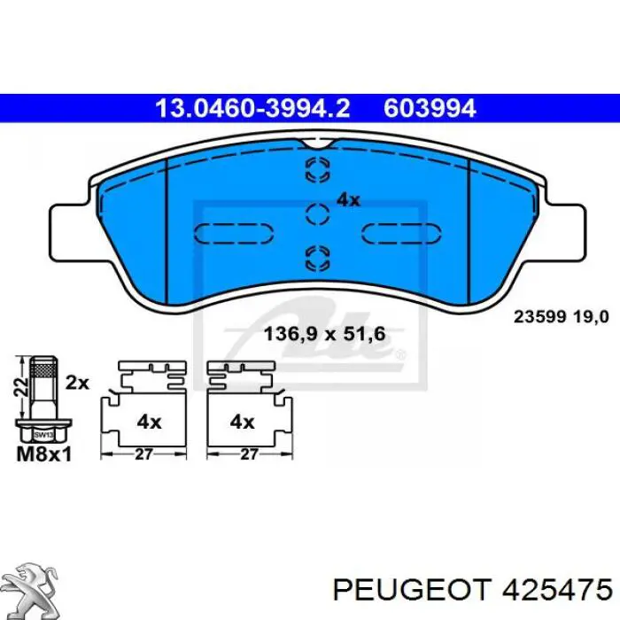 Do koszyka 425475 Peugeot/Citroen Klocki hamulcowe przednie tarczowe