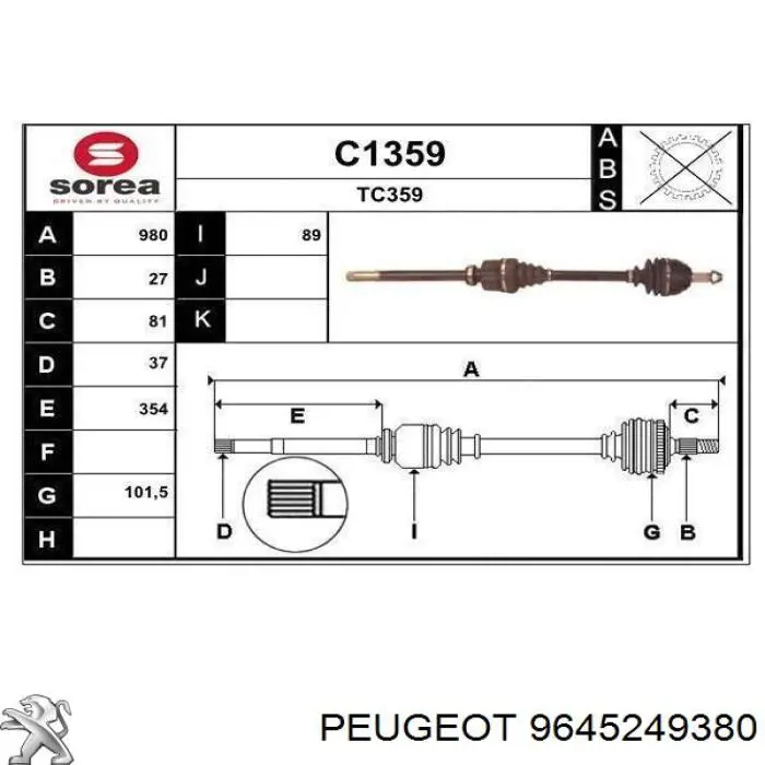 9645249380 Peugeot/Citroen Półoś napędowa przednia prawa
