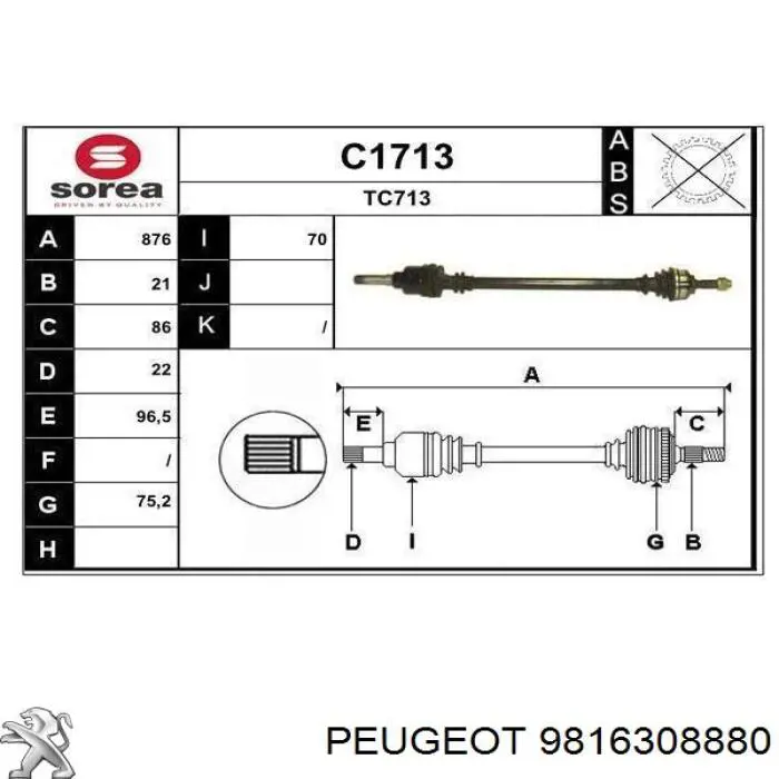 9803968580 Peugeot/Citroen Półoś napędowa przednia prawa
