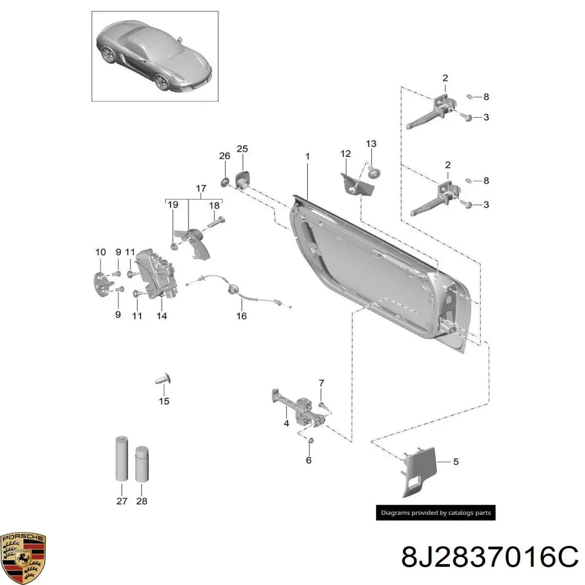 8J2837016C Porsche zamek drzwi przednich lewych