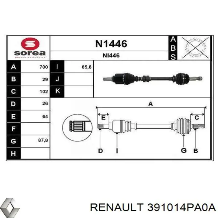 Półoś napędowa przednia lewa 391014PA0A Renault (RVI)