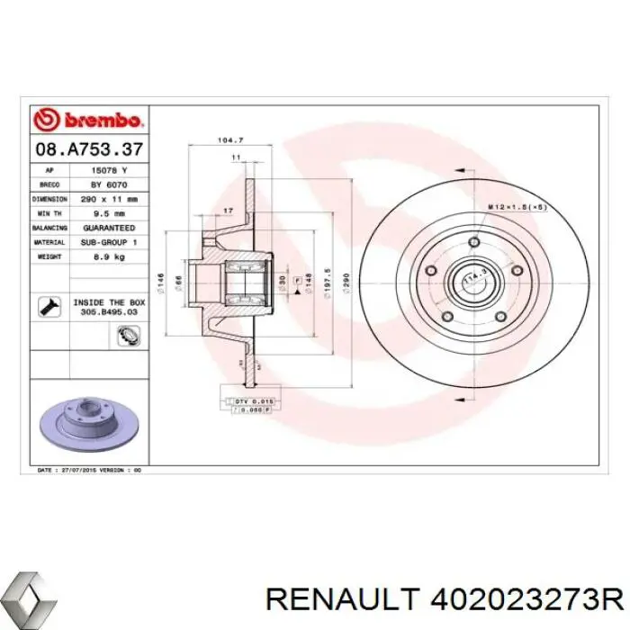 Tarcza hamulcowa tylna Renault (RVI) 402023273R cena, od 126,90 USD