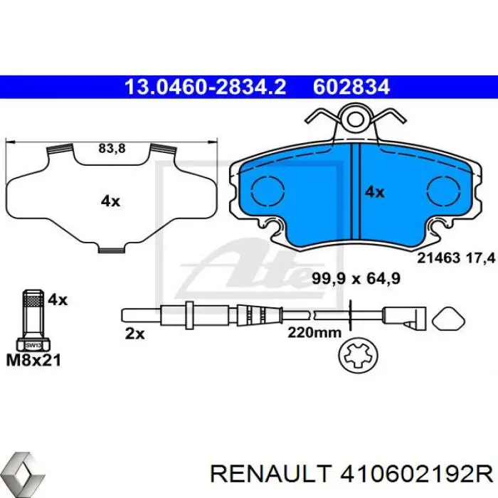Do koszyka 410602192R Renault (RVI) Klocki hamulcowe przednie tarczowe
