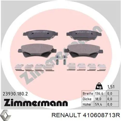 Do koszyka 410608713R Renault (RVI) Klocki hamulcowe przednie tarczowe