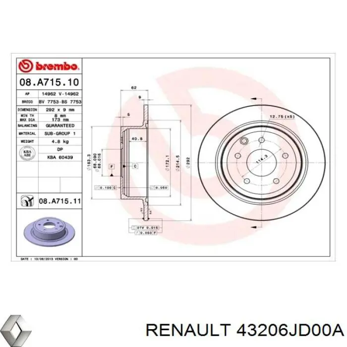 Tarcza hamulcowa tylna 43206JD00A Renault (RVI)