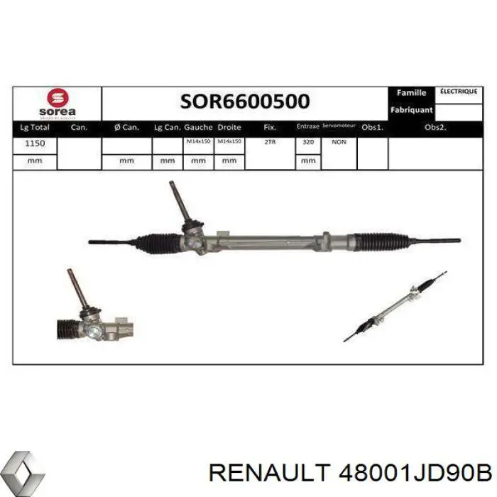 Listwa kierownicza (maglownica) Renault (RVI) 48001JD90B cena, od 141,94 USD