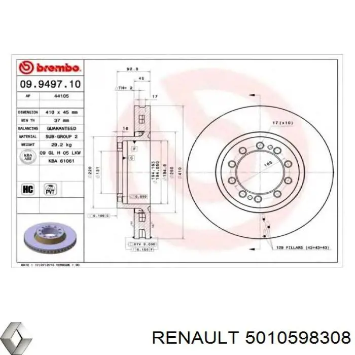 Tarcza hamulcowa przednia 5010598308 Renault (RVI)