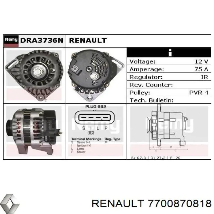Do koszyka 7700870818 Renault (RVI) Alternator