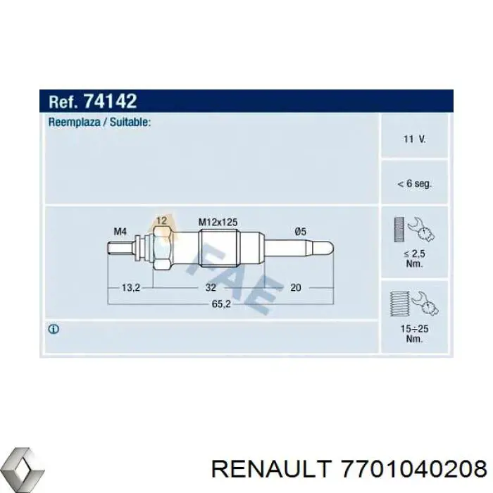 Do koszyka 7701040208 Renault (RVI) Świeca żarowa