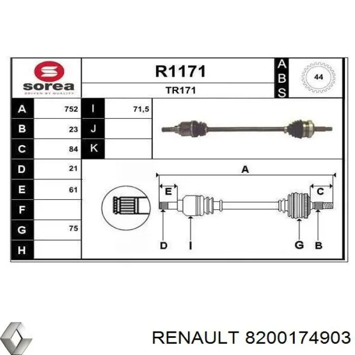 Półoś tylna prawa Renault (RVI) 8200174903 cena, od 98,75 USD