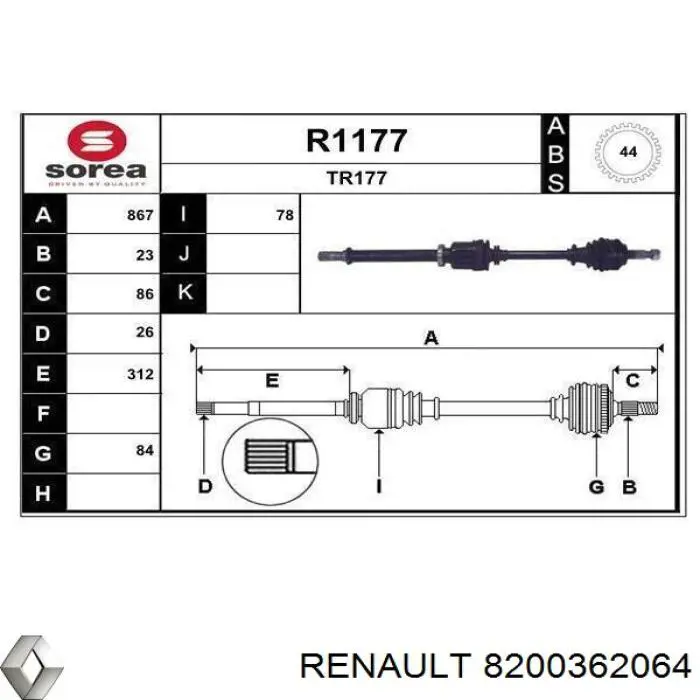 8200362064 Renault (RVI) Półoś napędowa przednia prawa