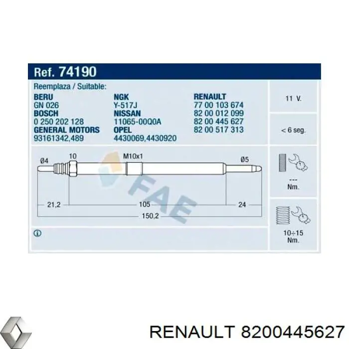 Do koszyka 8200445627 Renault (RVI) Świeca żarowa