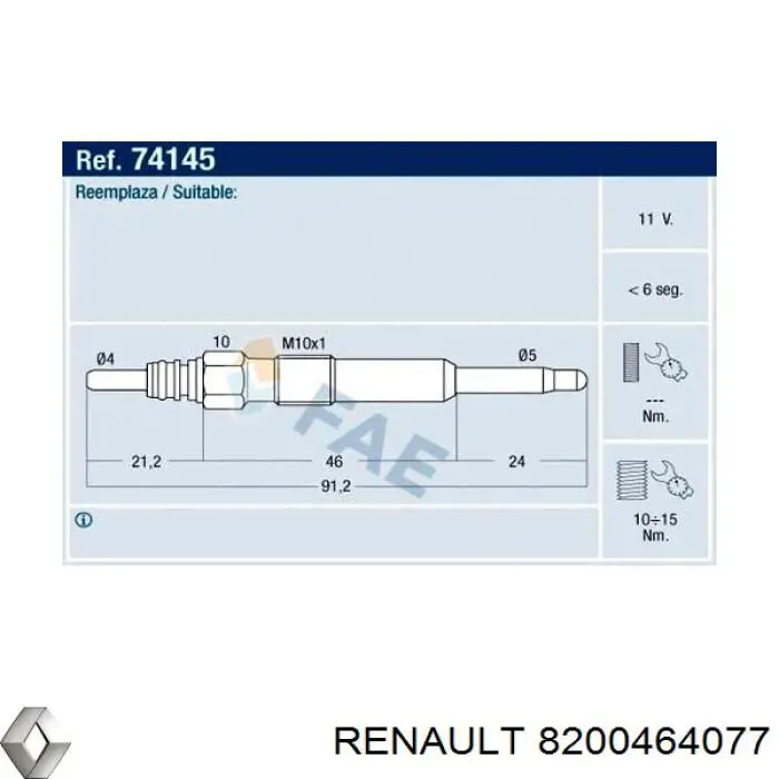 Świeca żarowa Renault (RVI) 8200464077 cena, od 9,27 USD