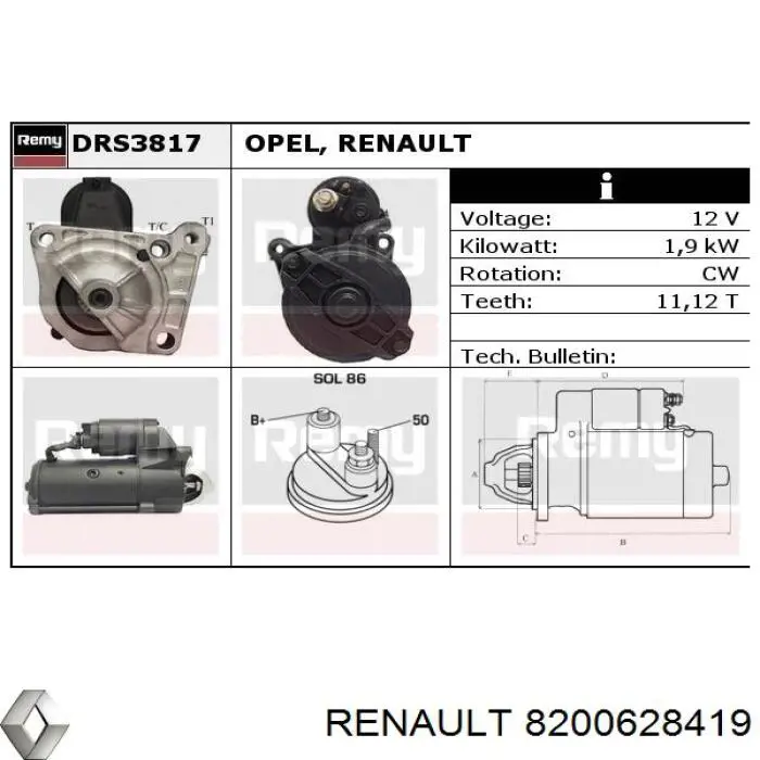 Rozrusznik Renault (RVI) 8200628419 cena, od 64,68 USD