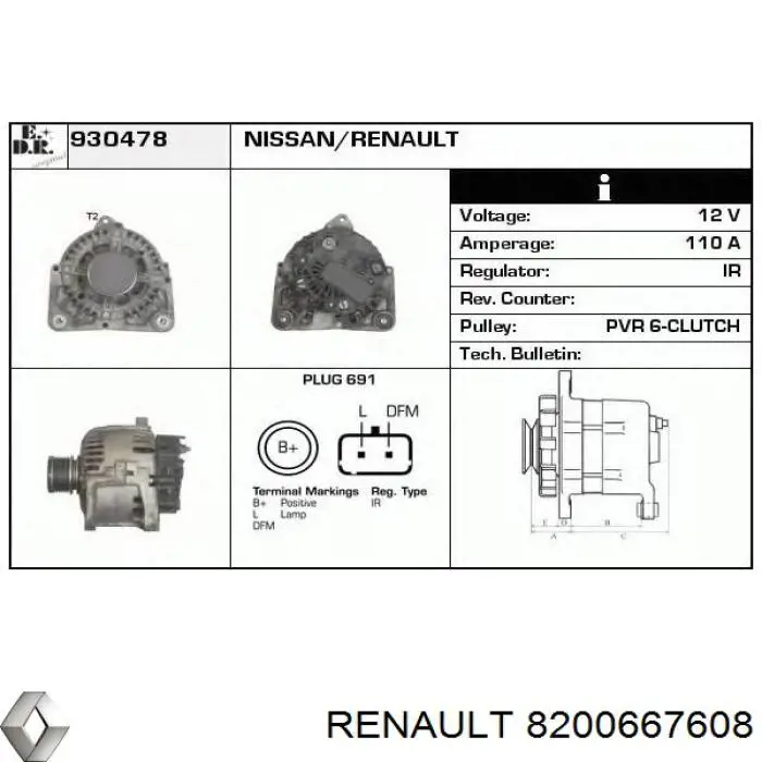 Do koszyka 8200667608 Renault (RVI) Alternator