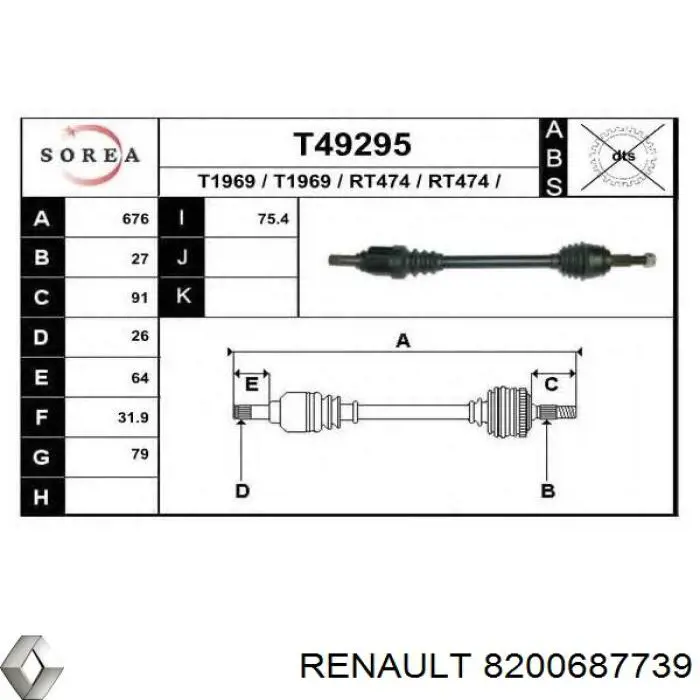 Półoś napędowa przednia lewa Renault (RVI) 8200687739 cena, od 95,37 USD