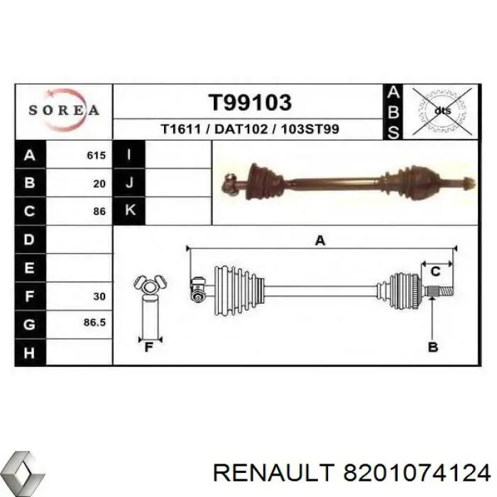 Półoś napędowa przednia prawa Renault (RVI) 8201074124 cena, od 138,09 USD