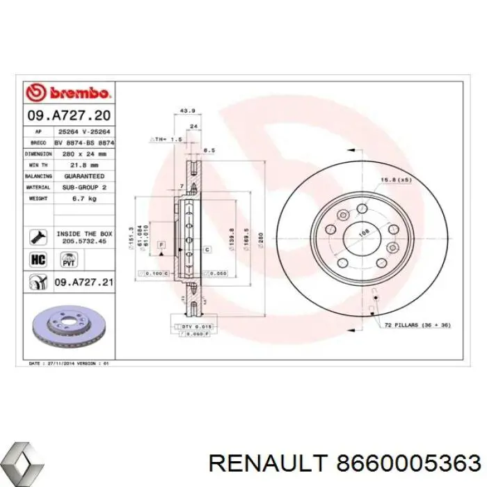 Tarcza hamulcowa przednia Renault (RVI) 8660005363 cena, od 69,68 USD