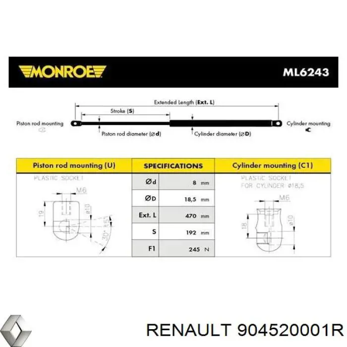 Do koszyka 904520001R Renault (RVI) Amortyzator klapy bagażnika (3/5 drzwi-tylnych)