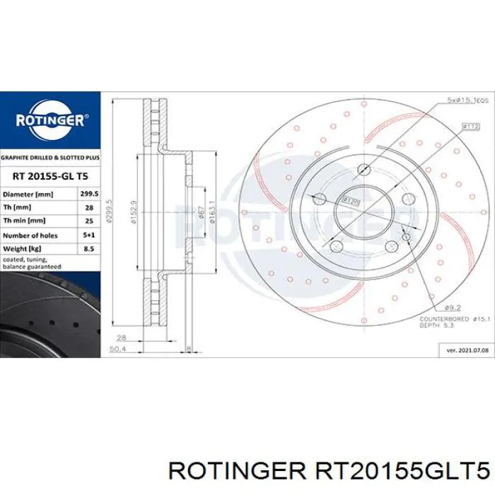 Tarcza hamulcowa przednia Rotinger RT20155GLT5 cena, od 56,09 USD