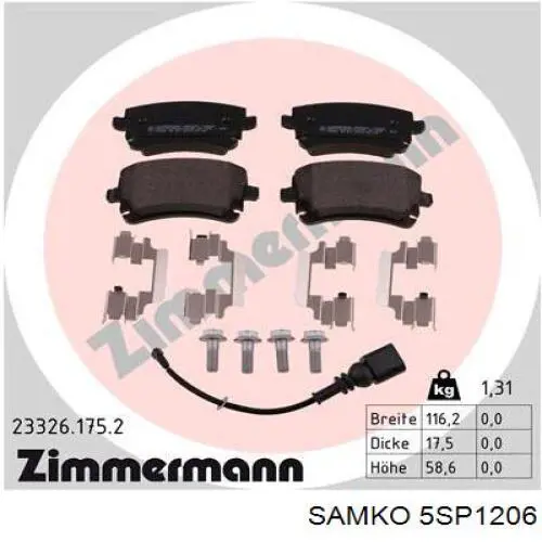 Okładziny (klocki) do hamulców tarczowych tylne Samko 5SP1206 cena, od 23,61 USD