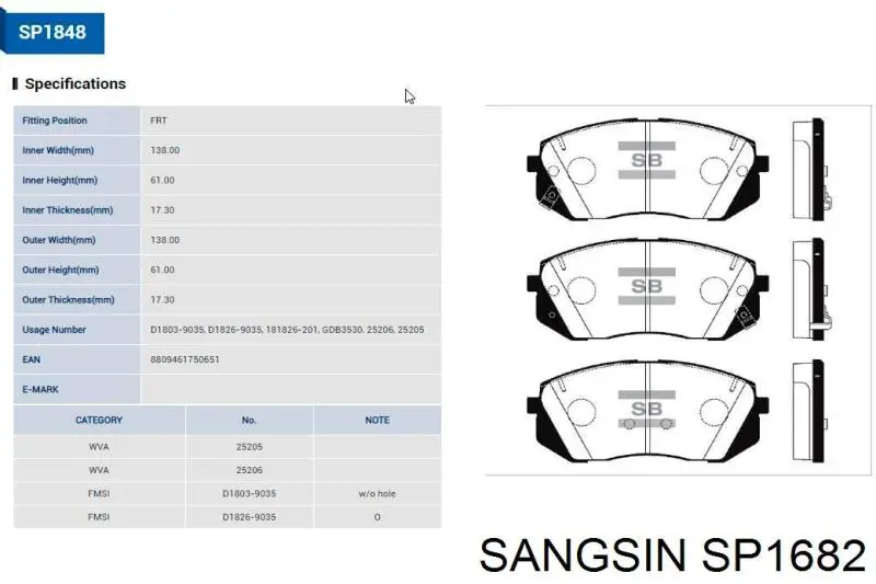 SP1682 Sangsin Klocki hamulcowe przednie tarczowe